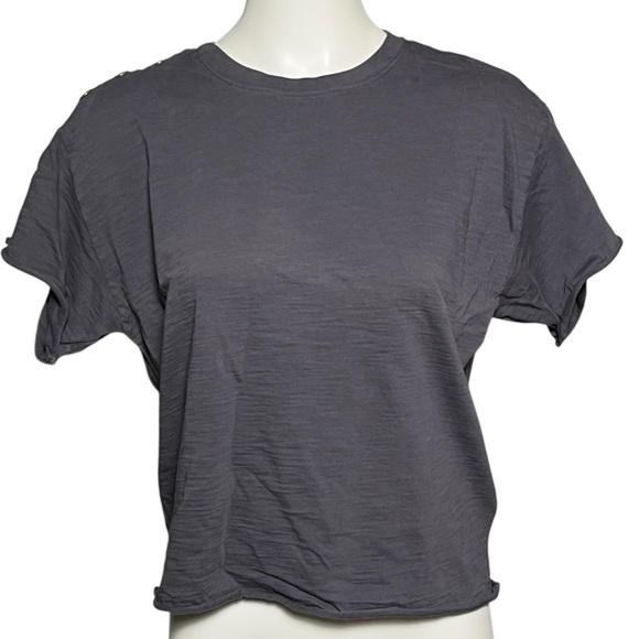 NATION LTD Gray Cotton Cropped Short Sleeve Boxy Brass Button Top Size Small - Picture 1 of 7
